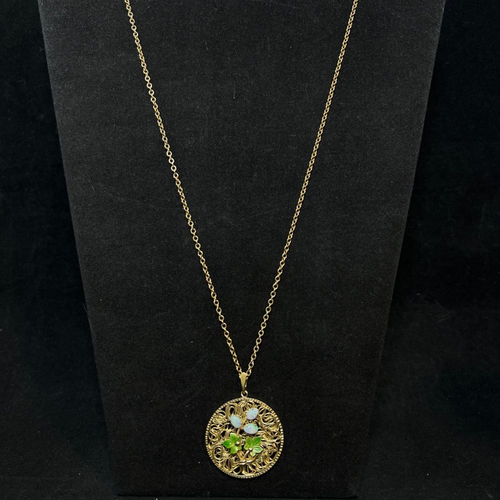 Vintage Kremnetz Gold Tone Cable Chain Necklace With Opal Pendant Signed (3980)